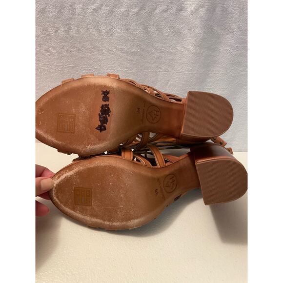 ASH Excelsior leather 38‎ tan Strappy 4” chunky Heeled Sandals women’s 7.5 - Picture 9 of 11
